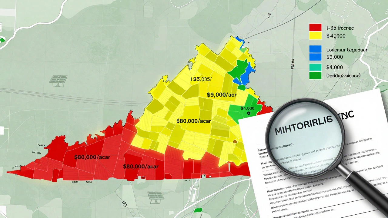 Color-coded Virginia land value map with solar farm icons and magnifying glass over a deed.