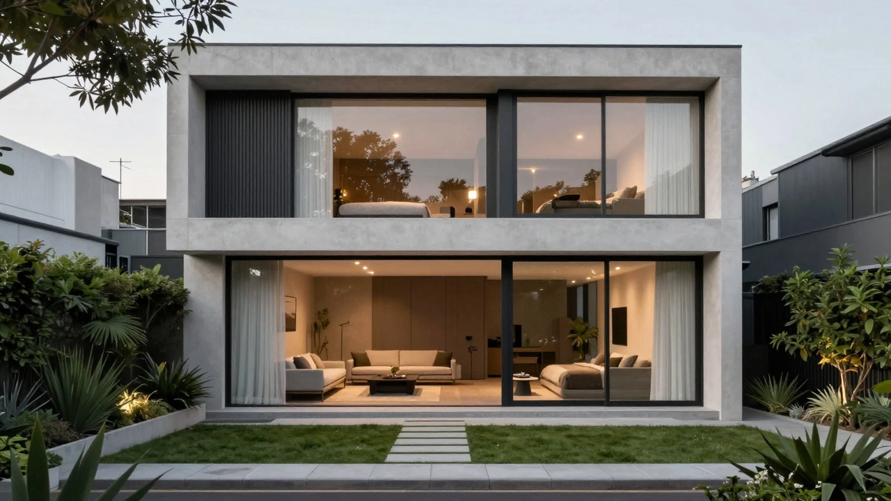 Compact urban villa with vertical gardens and rooftop terrace, minimalist design, on a small lot with no driveway.