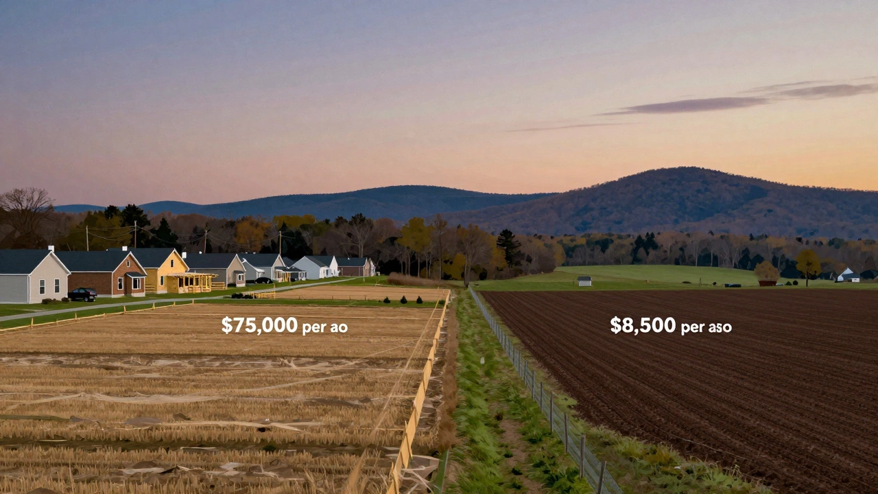 Contrasting Virginia land types: suburban buildable lot and Shenandoah Valley farmland side by side.