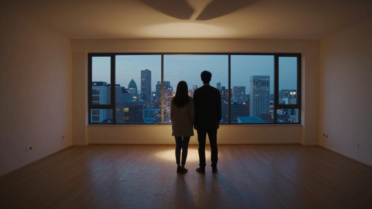 Couple standing in empty apartment room looking at city view.