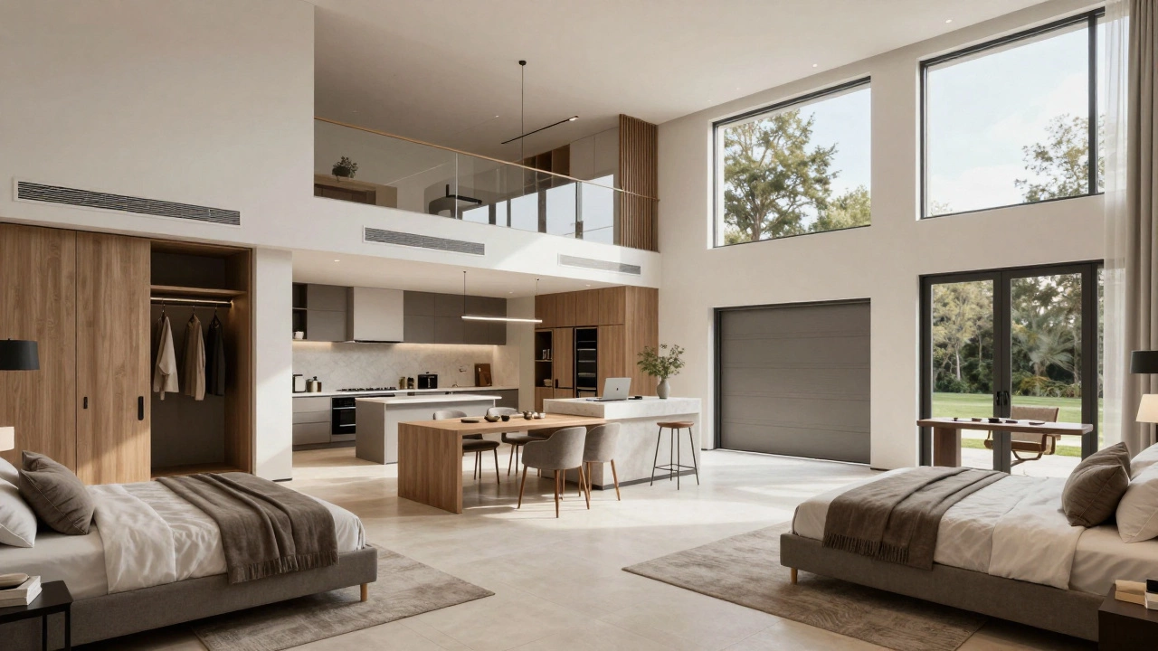 Interior of a 300-square-meter luxury villa with open kitchen, home office, and smart wardrobe systems, flooded with natural light.