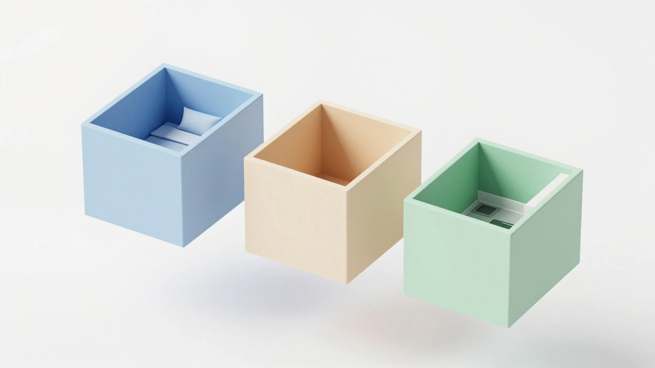 Isometric 3D blocks representing bedroom hall and kitchen layout.