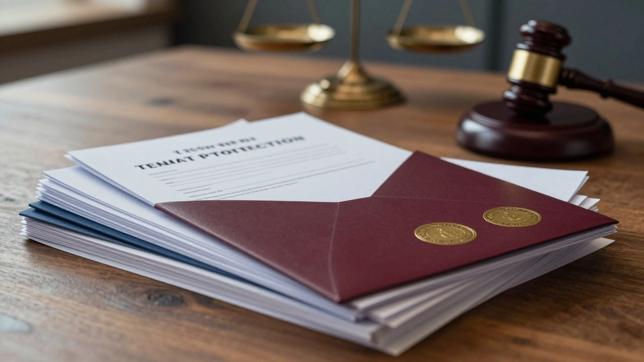 Legal documents and scales on desk representing tenant enforcement options