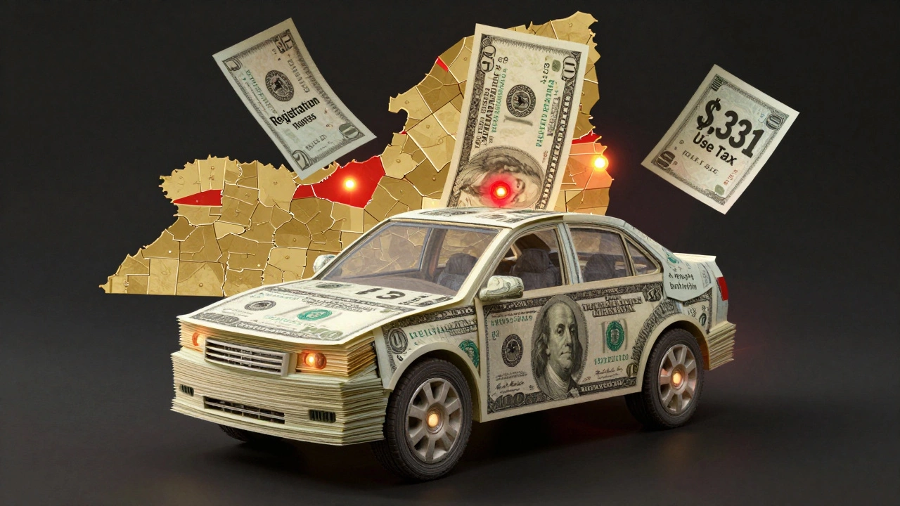 Stack of dollar bills shaped like a car, labeled with NY registration fees and use tax.