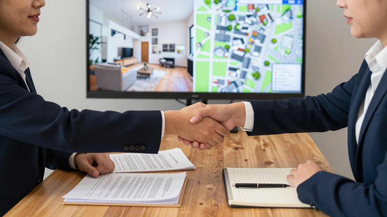 Two real estate agents shake hands over a contract, with market data and neighborhood maps visible in the background.