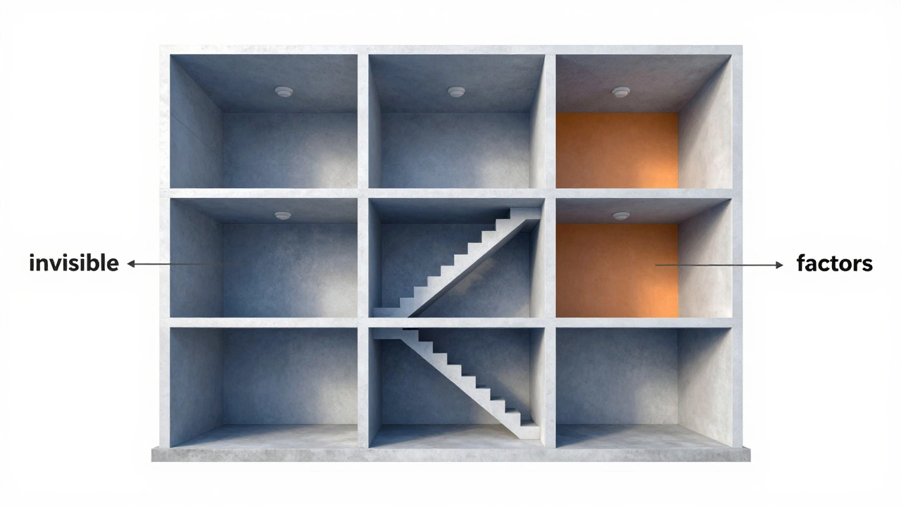3D cutaway of a low-rise apartment showing foundation and stairs.