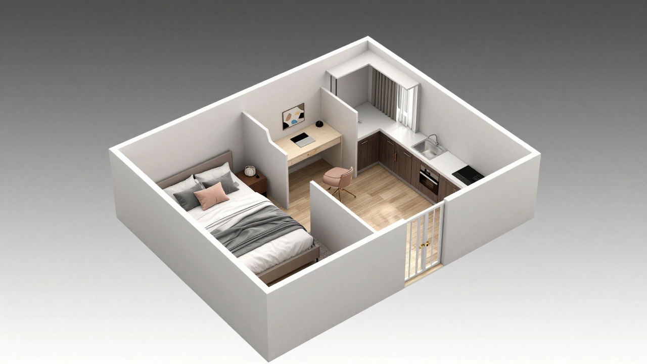 3D cutaway view of a compact 2BHK apartment layout with a master bedroom and home office.