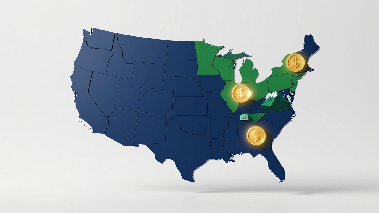 3D US map with glowing icons representing tax, jobs, and lifestyle benefits.