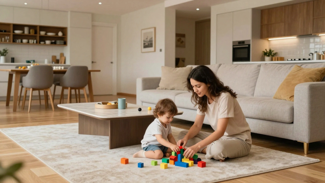 A family with a toddler enjoying a spacious and airy living room in a large flat.
