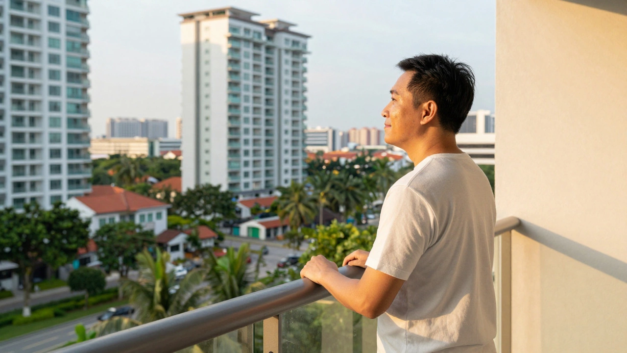 A person standing on an HDB balcony overlooking a residential Singapore neighborhood during sunset