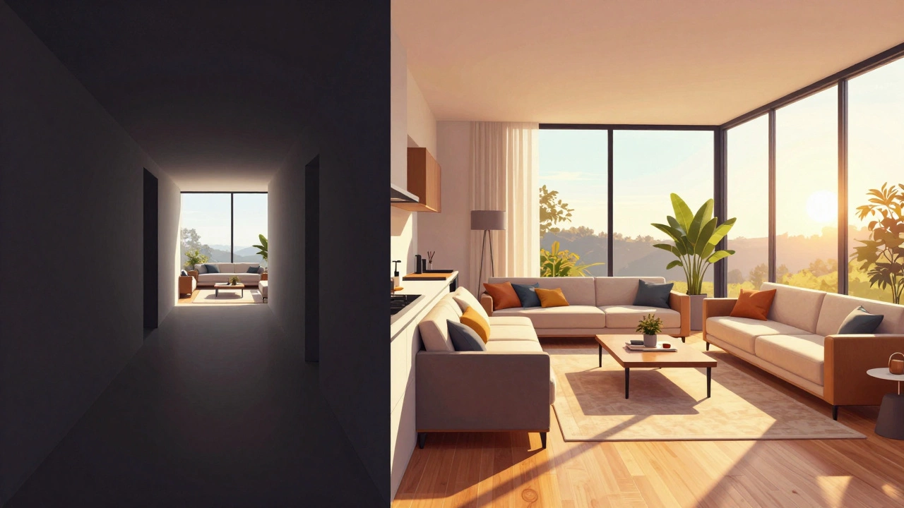 Comparison between a wasteful corridor layout and an efficient open-plan living space.