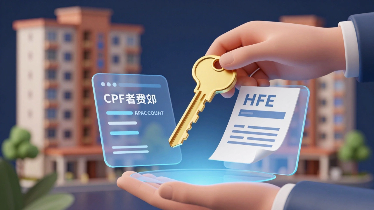 Hands holding a house key over digital financial documents and savings balance