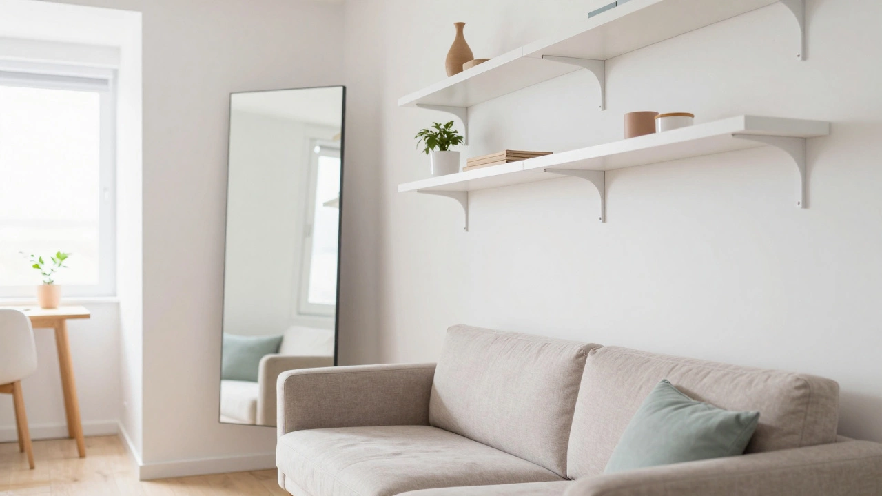 Small living room with a large mirror and floating shelves to maximize perceived space.