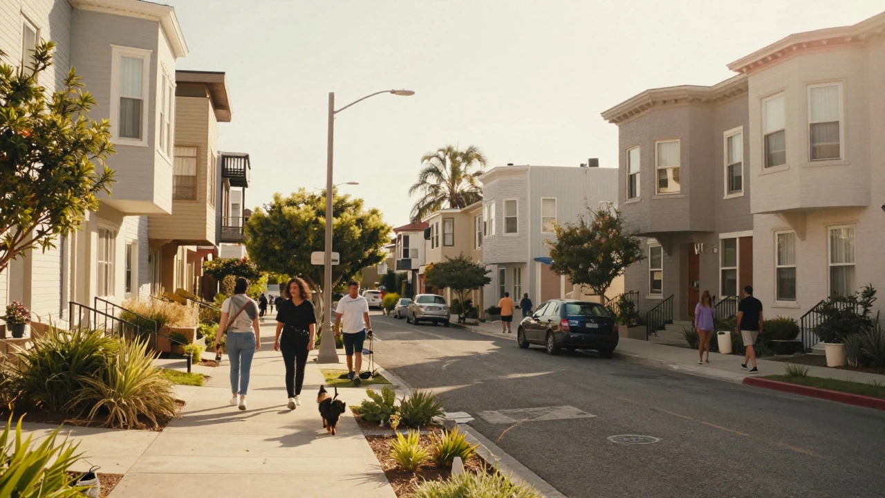 Sunlit residential street with three-story buildings and pedestrians.