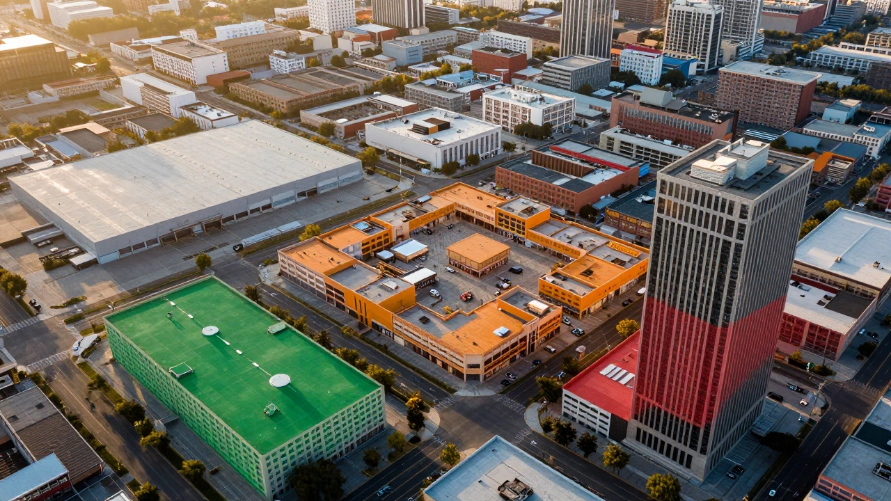 Aerial view of industrial, retail, and office properties with color-coded risk indicators.