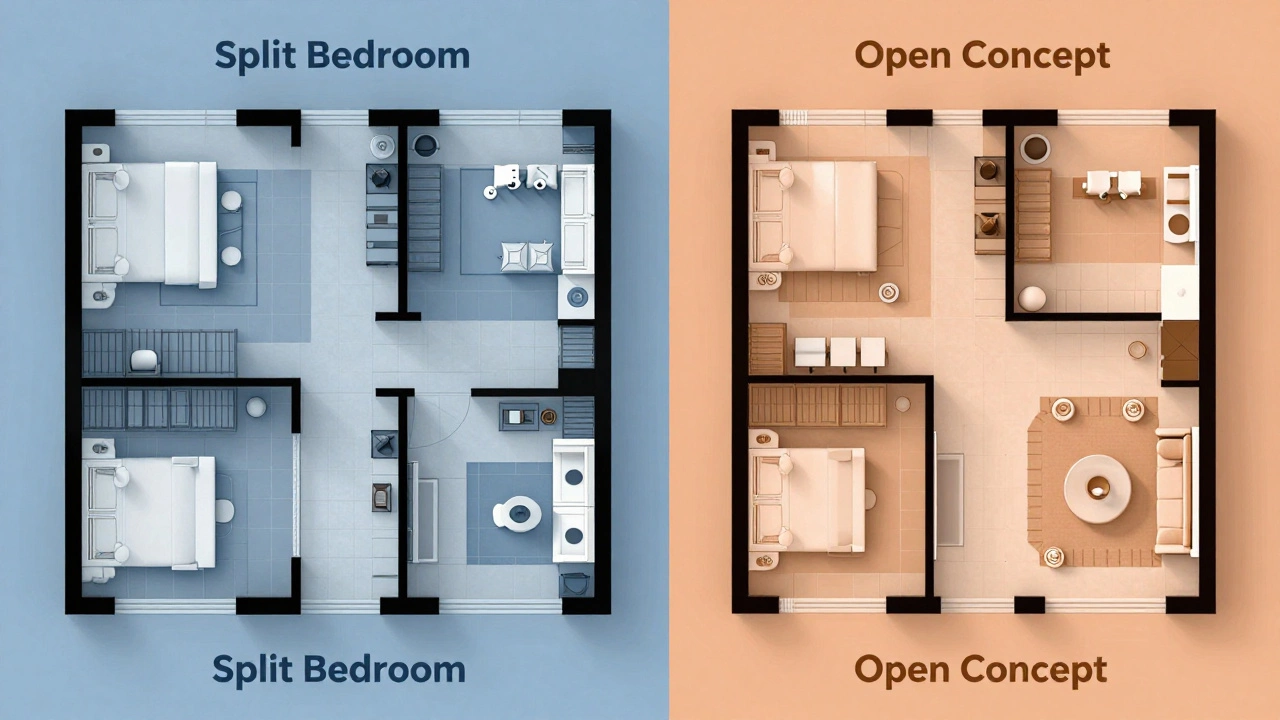 Architectural comparison of split bedroom vs open concept apartment layouts