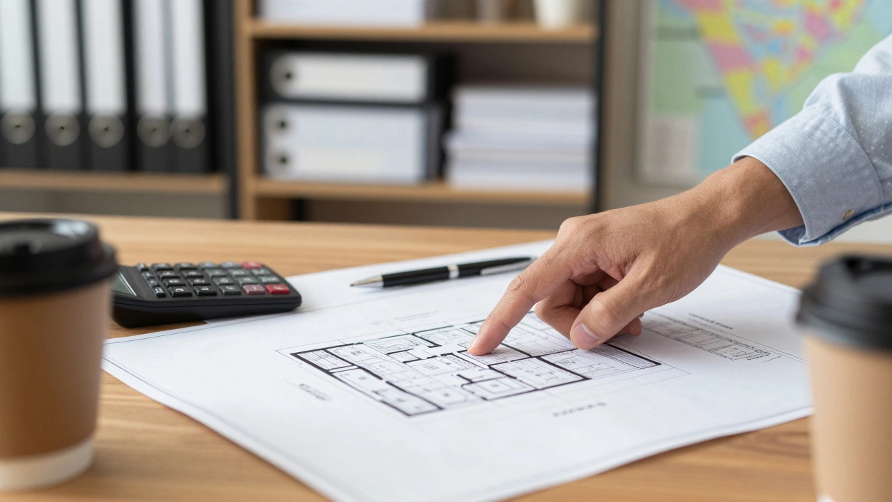 Close-up of hands analyzing blueprints and calculating property metrics