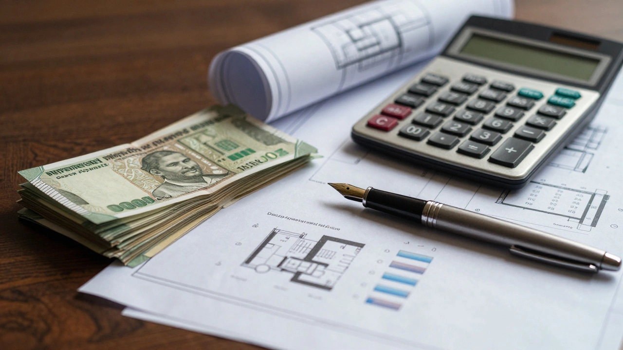 Desk with cash, calculator, and blueprints for loan analysis