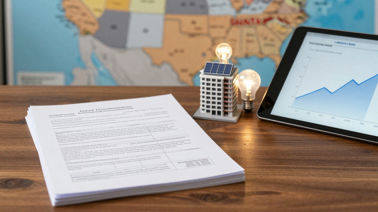 Desk with lease documents, renovation model, and map highlighting profitable regions.