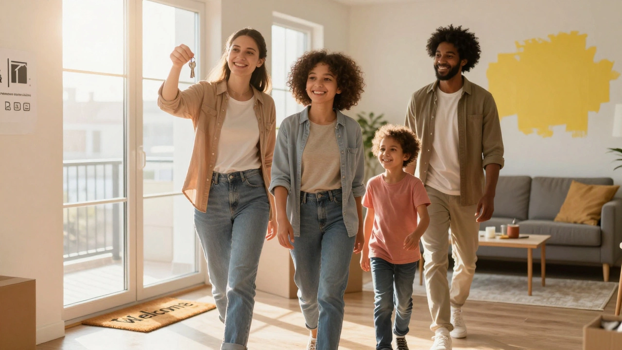 Family entering new apartment with keys in hand