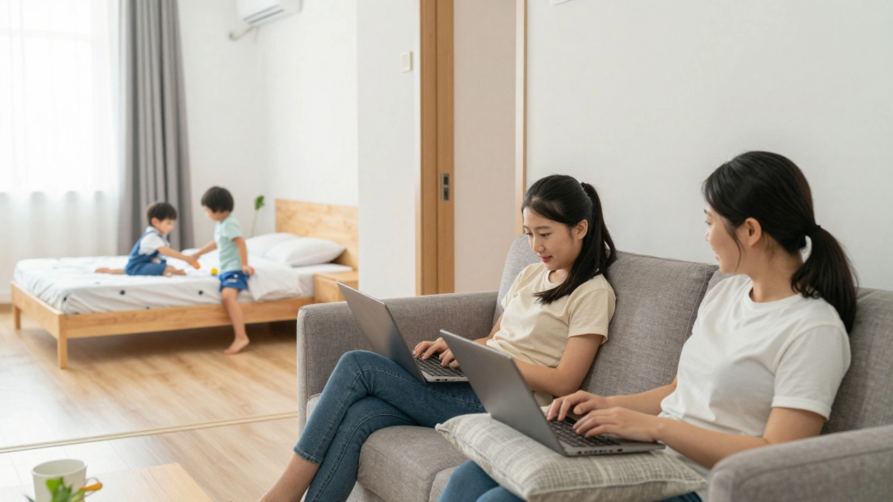 Family relaxing in a spacious apartment with separate bedroom and living room