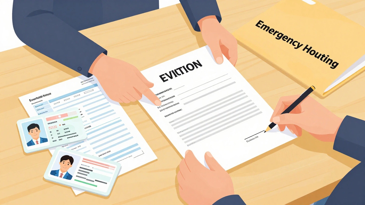 Hands organizing eviction notice and ID documents