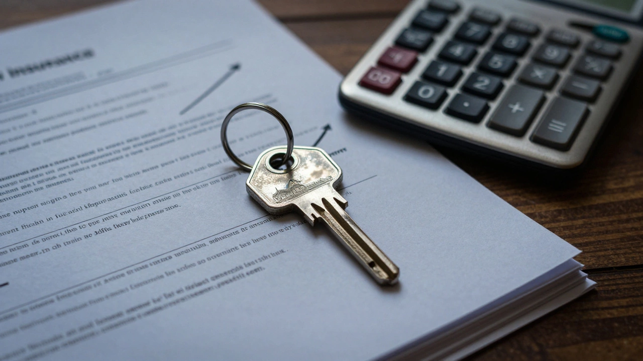 House key and financial documents reflecting storm clouds