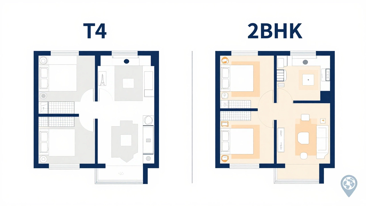 Illustration comparing European T4 and Asian 2BHK apartment layouts