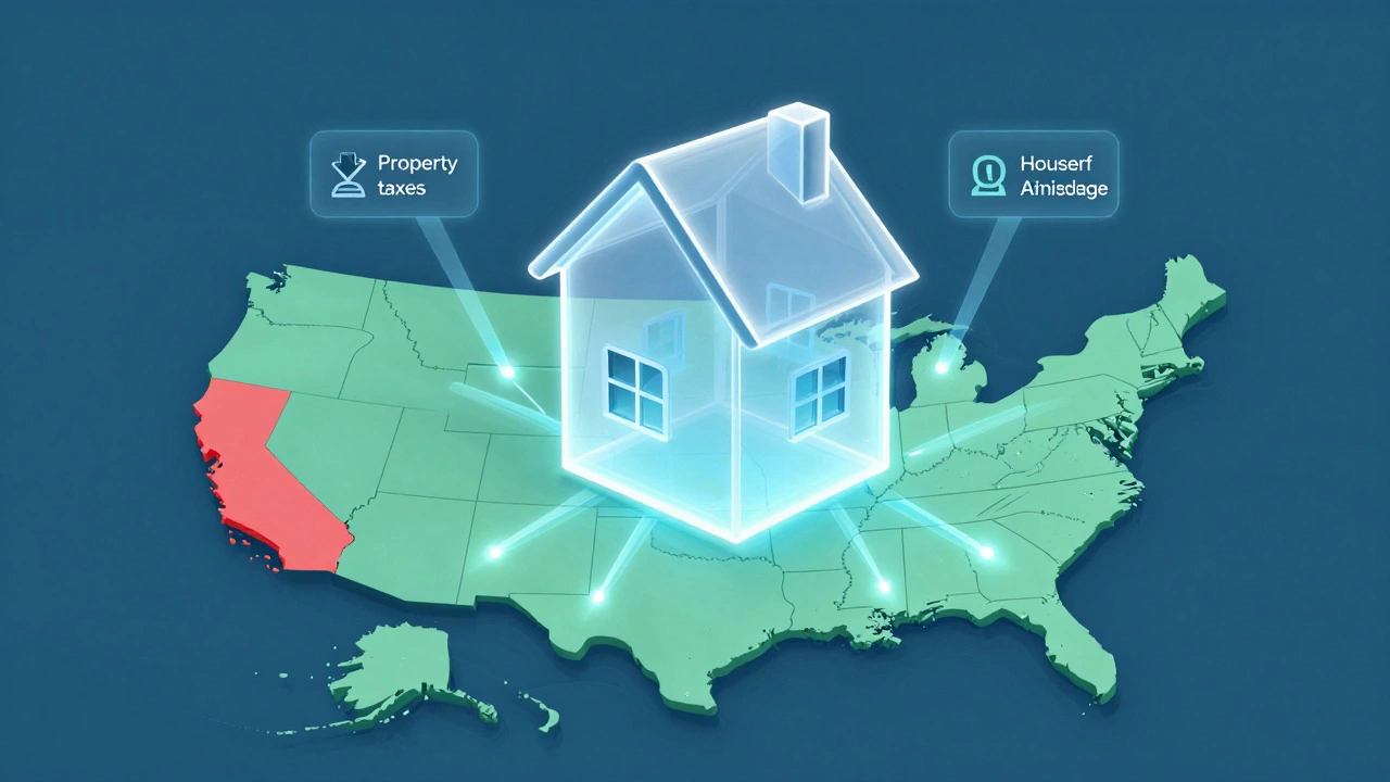 Illustration of US map highlighting affordable housing states with data graphics.