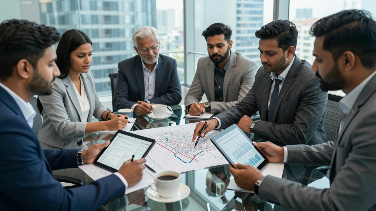 Investors analyzing property maps and data in an office