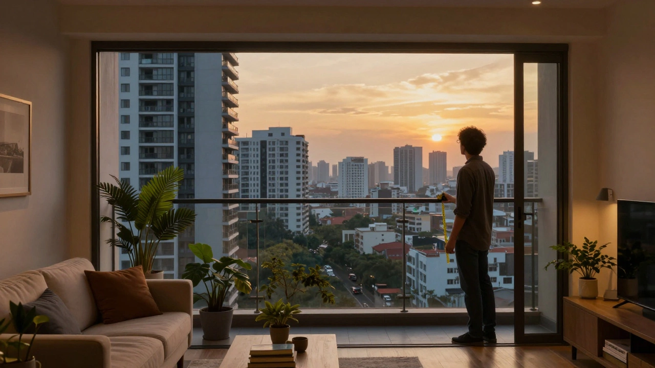 Person measuring apartment space on balcony overlooking dense city skyline