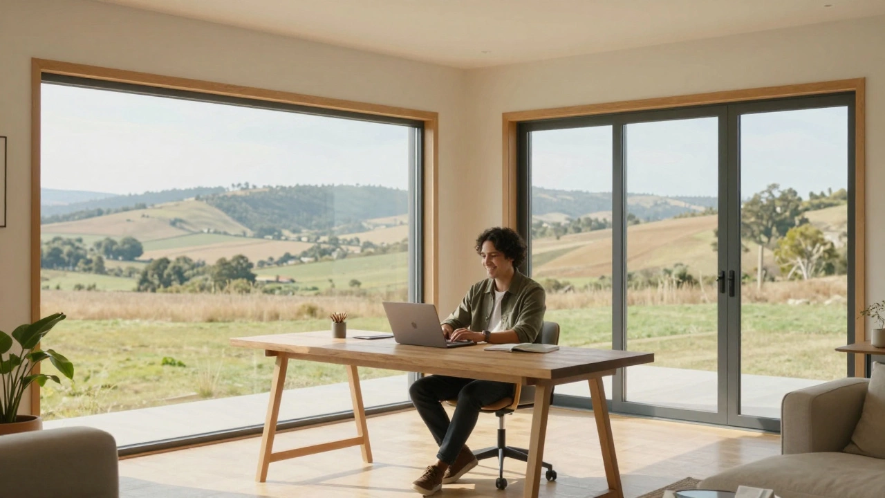 Remote worker relaxing in a bright living room with a view of open countryside.