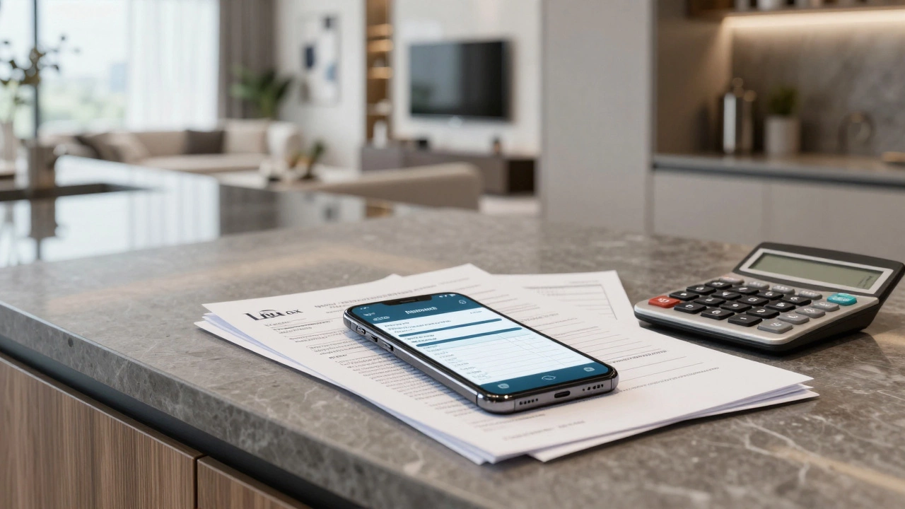 Smartphone showing bills on kitchen counter with home background