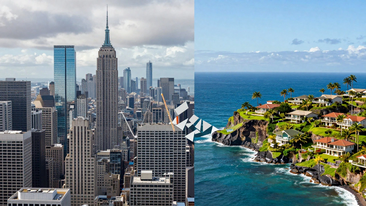 Split view of dense city skyscrapers and isolated island homes