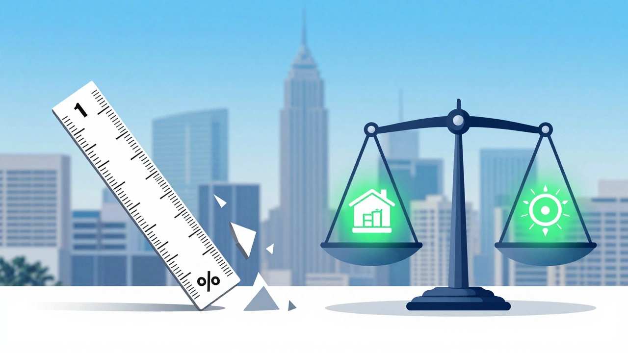 Abstract balance scale comparing Cap Rate vs 1% rule against city skyline