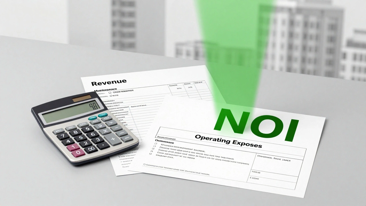 Calculator and documents illustrating net operating income concept