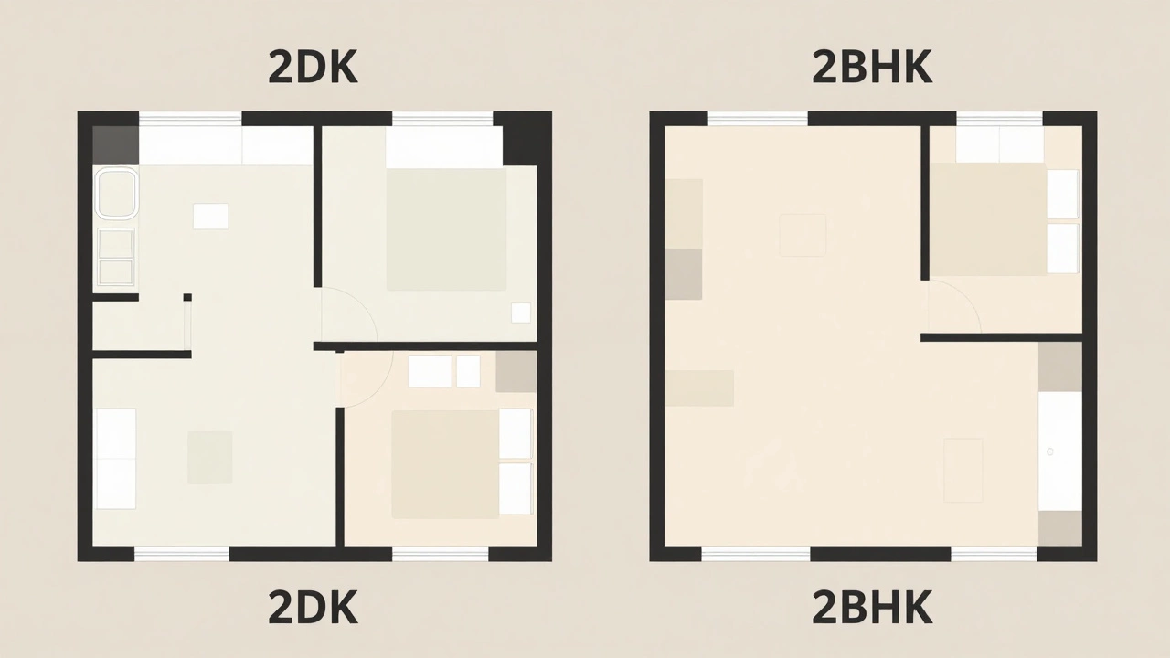 Comparison diagram illustrating the layout differences between 2DK and 2BHK apartments
