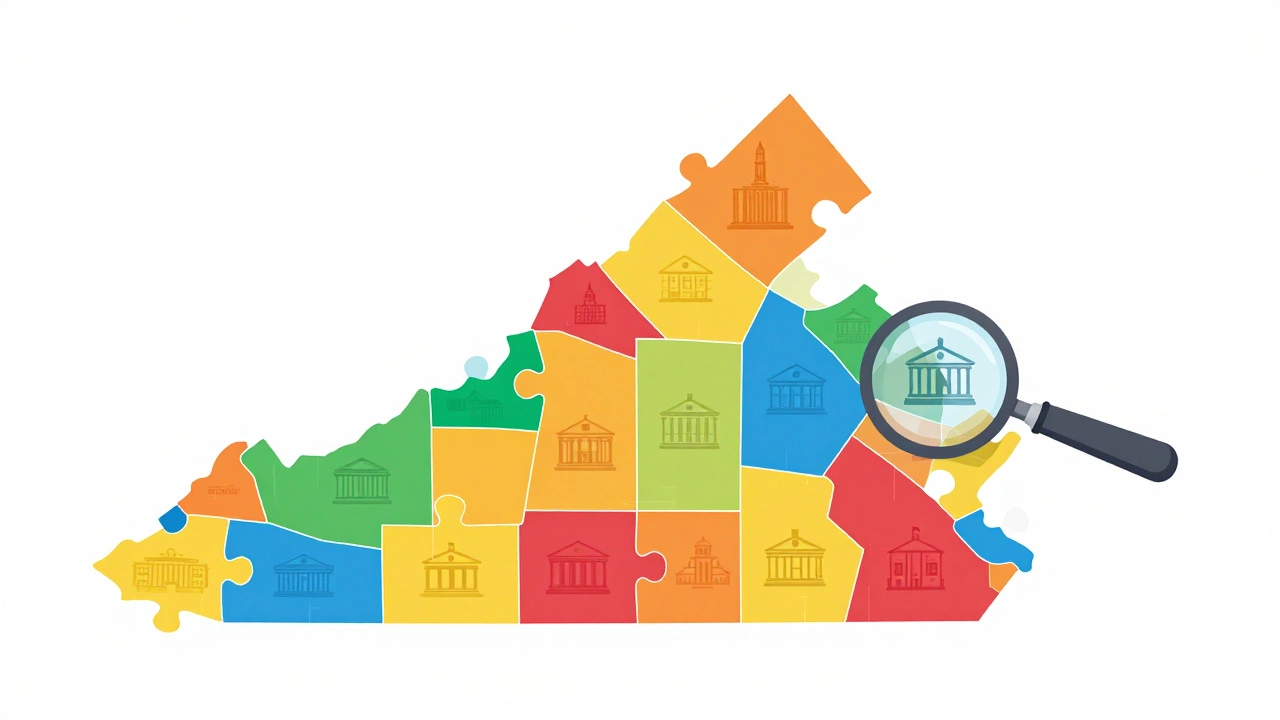 Conceptual map of Virginia counties as puzzle pieces with magnifying glass