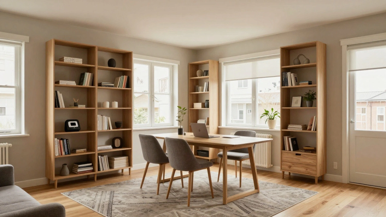 Cozy 2DK living space with multi-functional furniture and vertical storage solutions