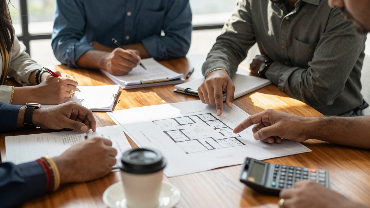Indian investors analyzing property blueprints and financial documents