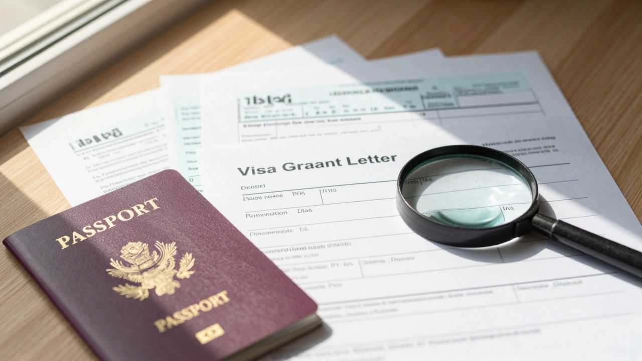 Magnifying glass over visa grant letter and residency docs