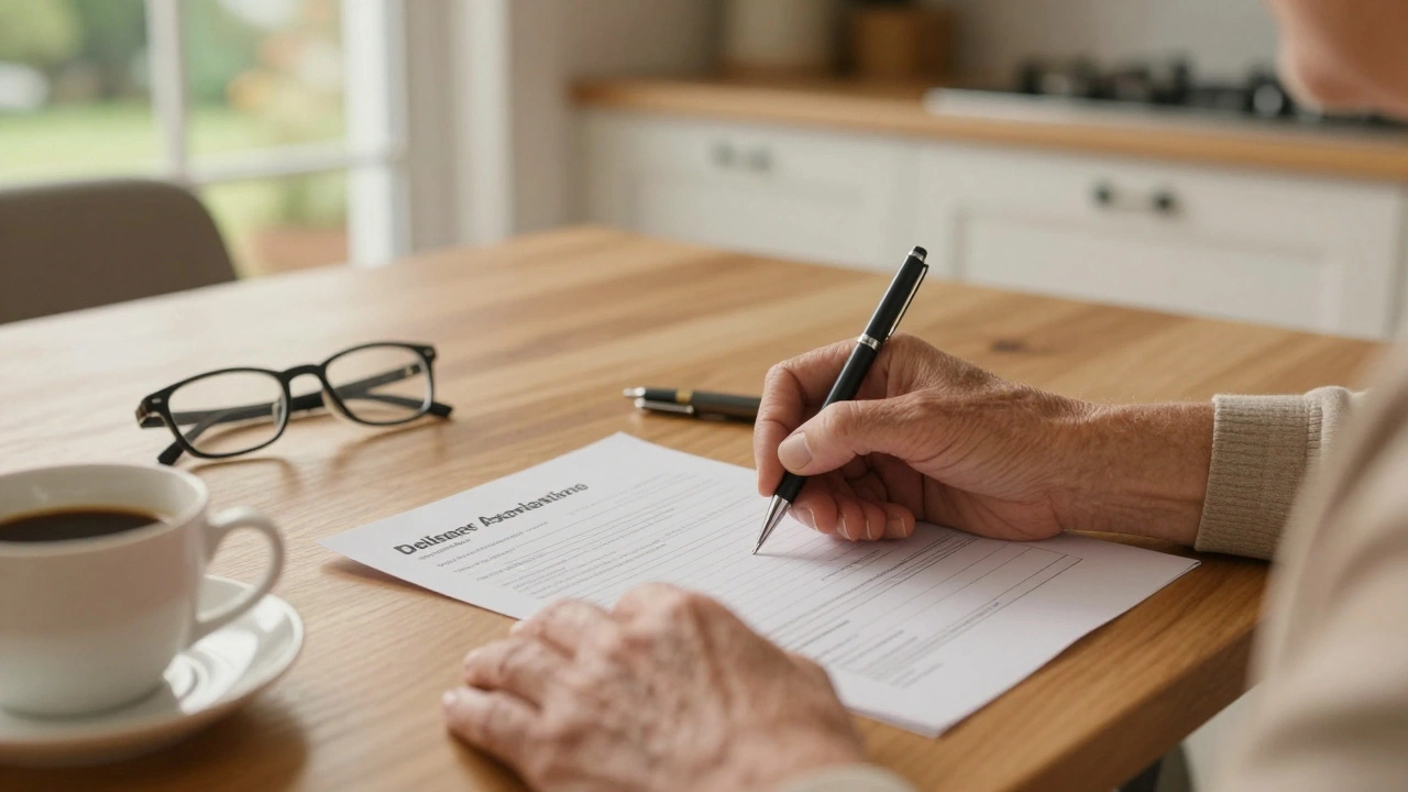 Senior citizen filling out exemption form at kitchen table