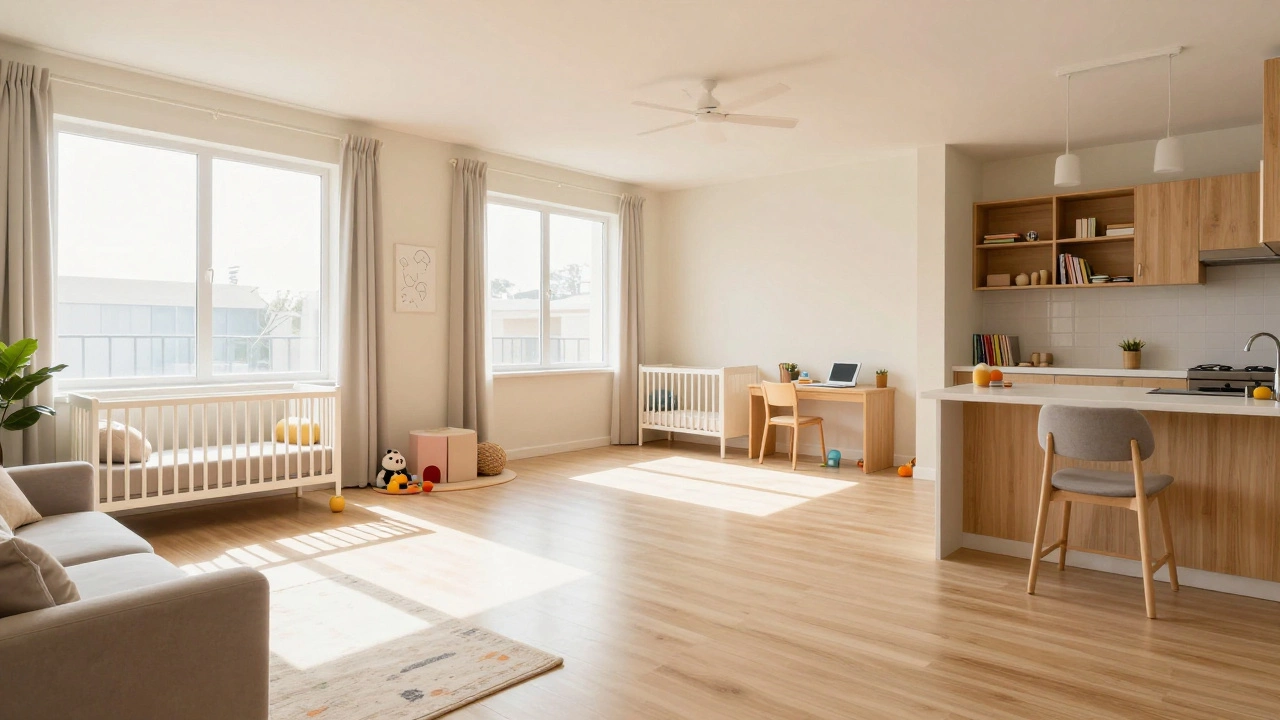 Spacious 3 BHK apartment interior with distinct family zones and natural light