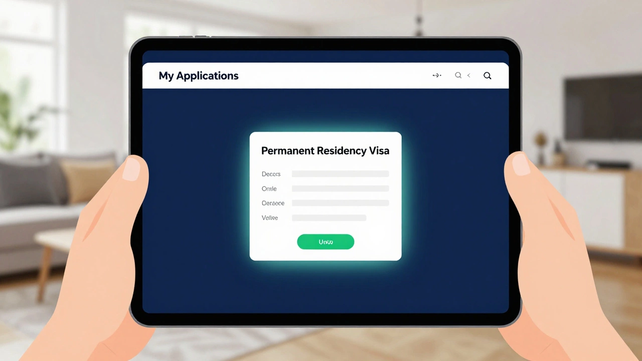Tablet showing online immigration portal for property proof