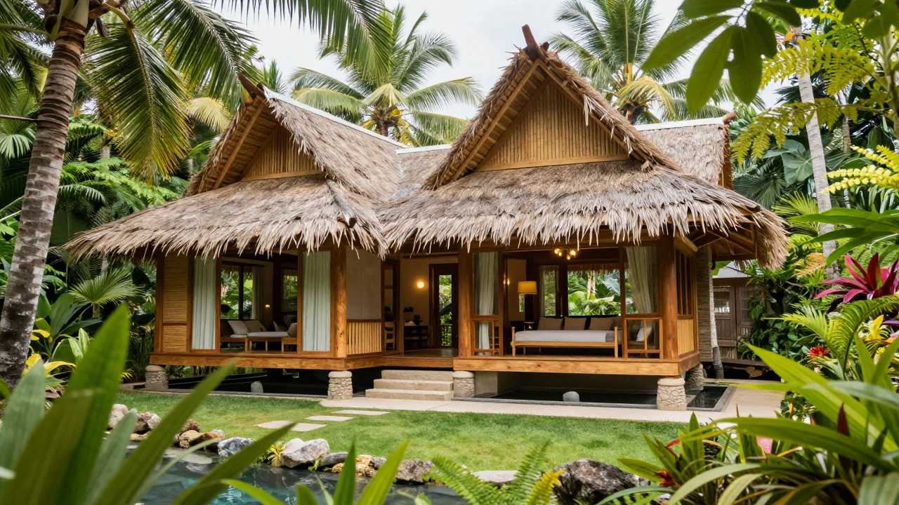 Tropical villa with bamboo elements and lush green surroundings