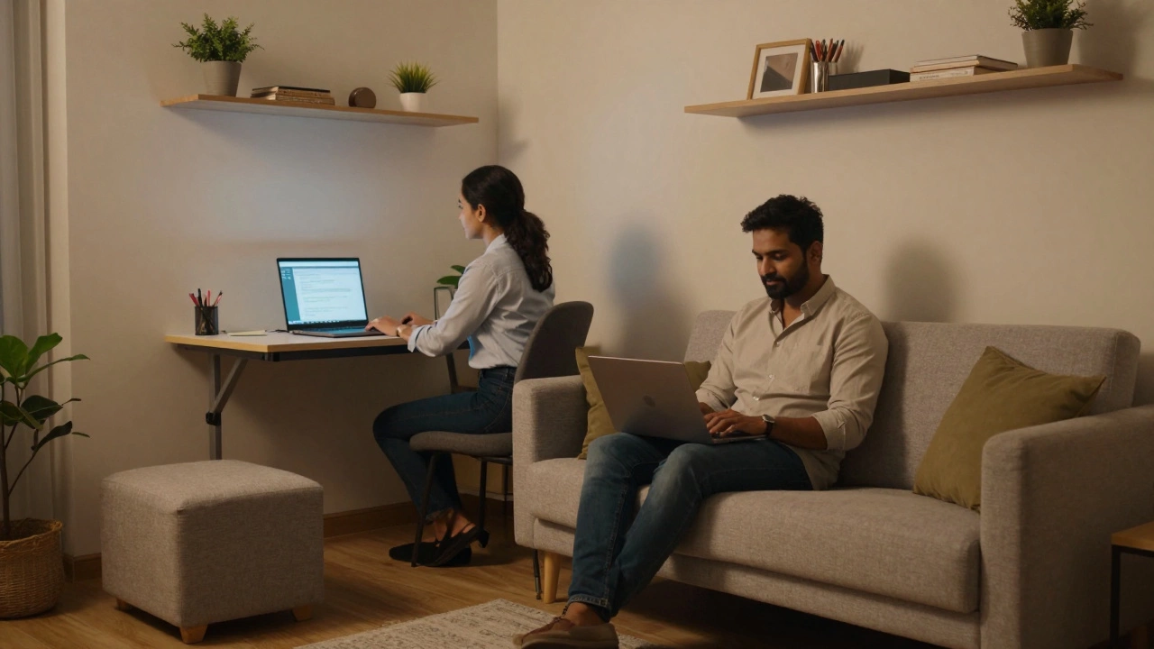 Young couple using multipurpose furniture in a minimalist 2 BHK apartment