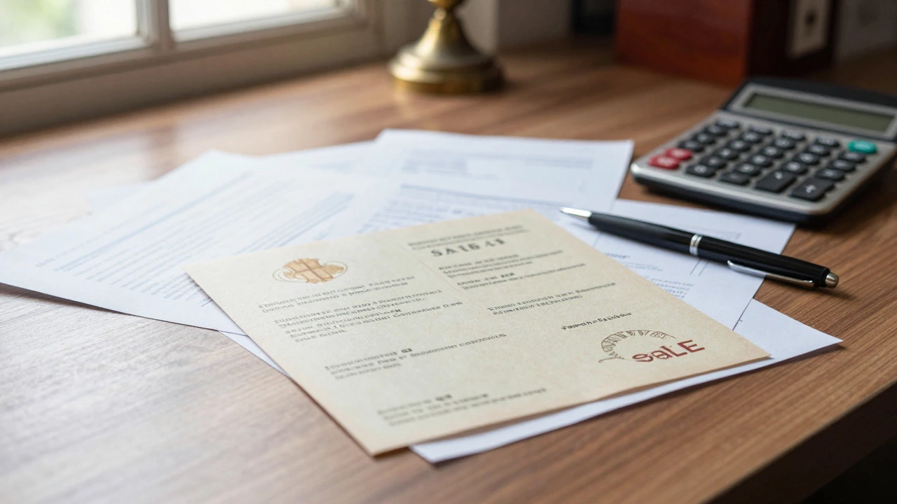 Desk with property documents and calculator, emphasizing expense tracking