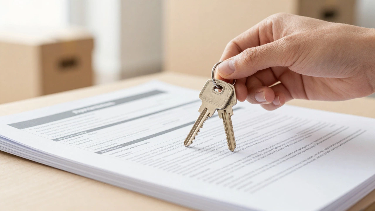 Hand holding house keys over organized application documents