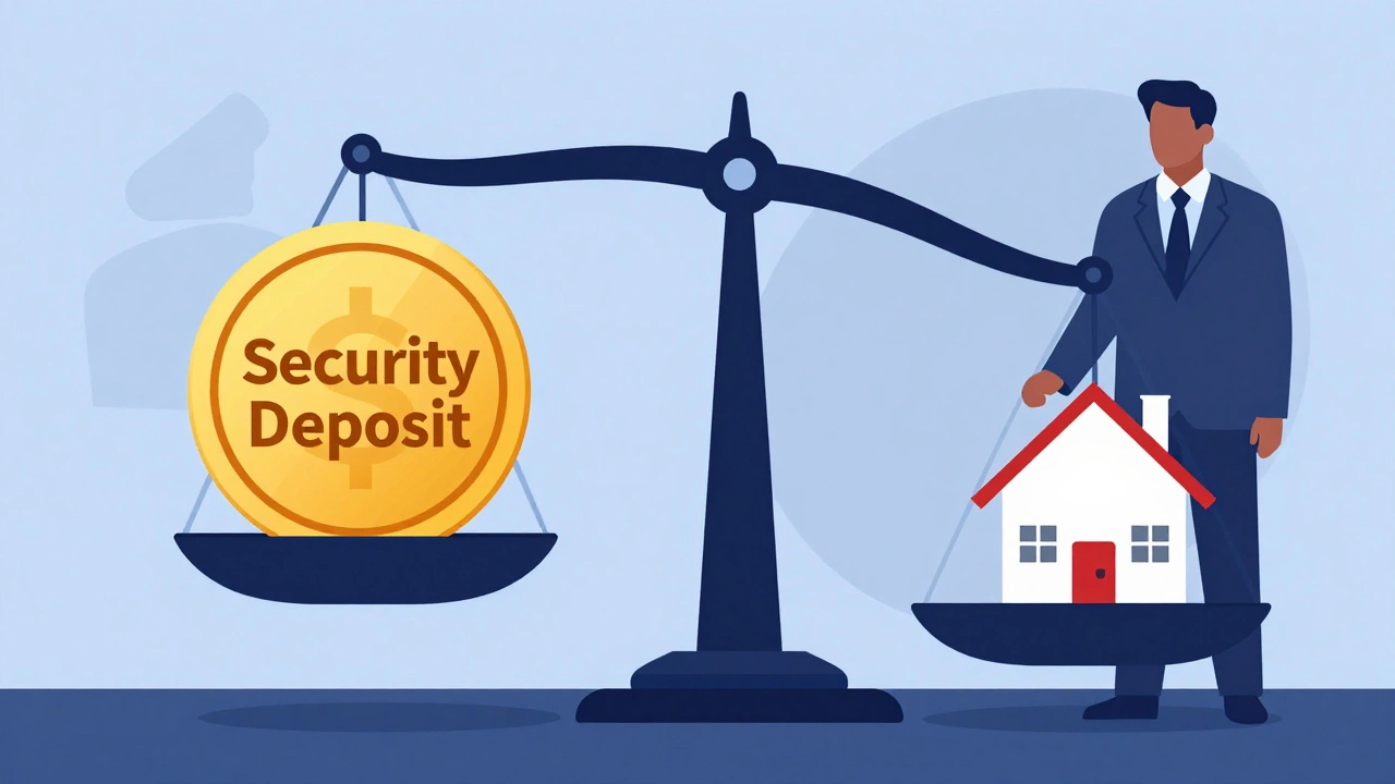 Illustration of a balance scale showing heavy security deposit vs tenant rights