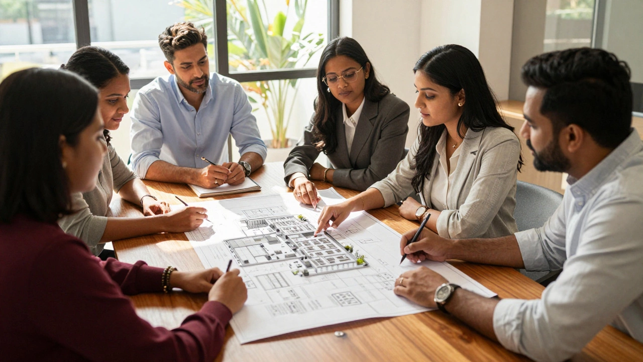 Indian investors reviewing property blueprints and models in a bright meeting room